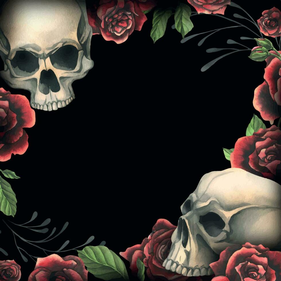 Human skulls realistic with black and red roses, green leaves and black branches. Hand drawn watercolor illustration. Creepy frame, template for decoration and design on a black background. Vector EPS