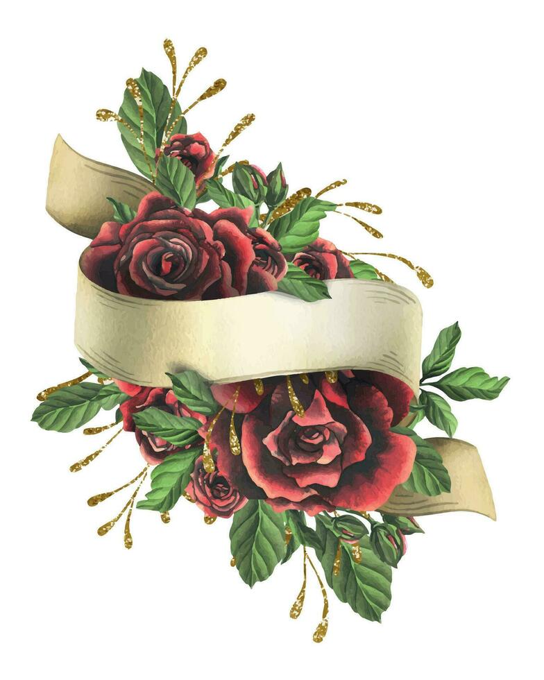 Redblack rose flowers with green leaves, paper ribbon and buds, chic, bright, beautiful. Hand drawn watercolor illustration. Isolated composition on a white background, for decoration Vector EPS