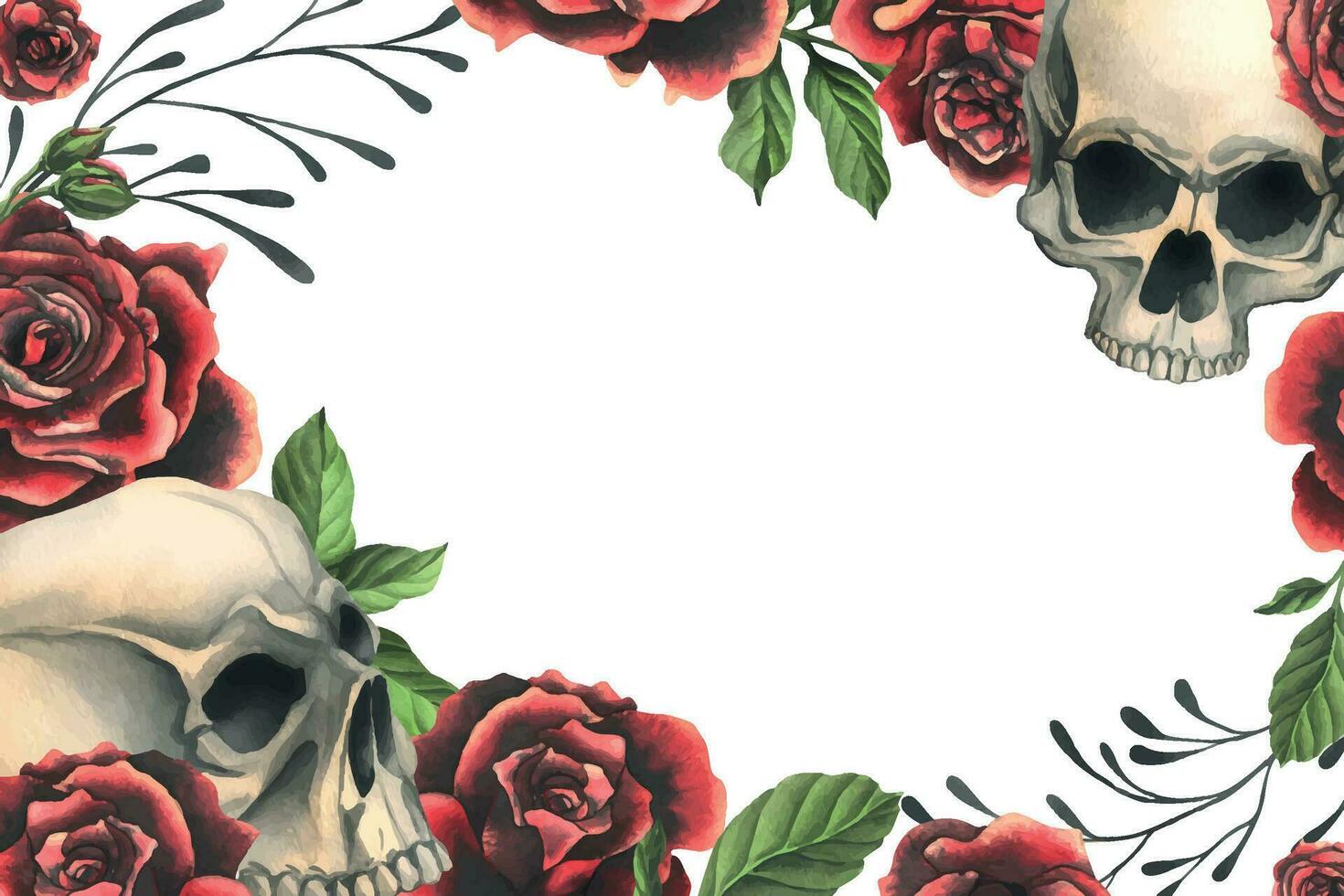 Human skulls realistic with black and red roses, green leaves and black branches. Hand drawn watercolor illustration. Creepy frame, template for decoration and design on a white background. Vector EPS