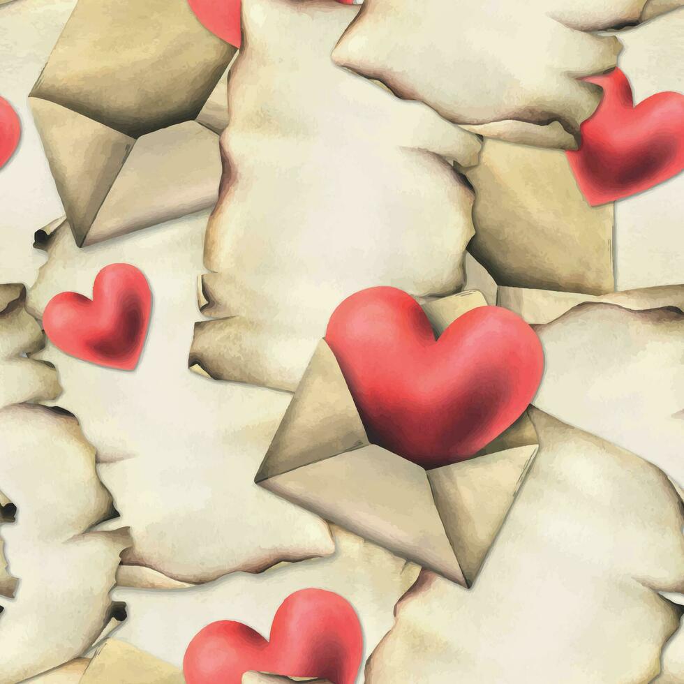 For Valentine s Day, are hearts, envelopes, letters. Hand drawn watercolor illustration. Seamless pattern. Vector EPS