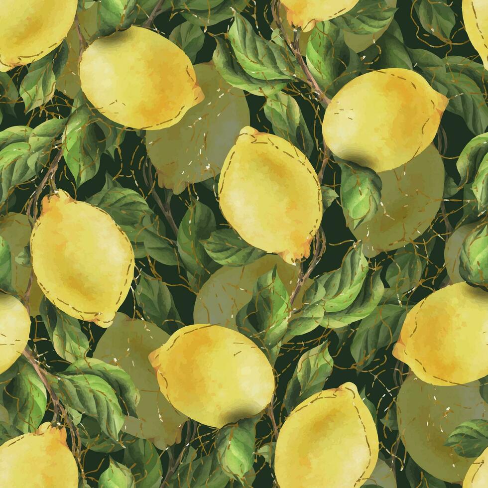 Lemons are yellow, juicy, ripe with green leaves, flower buds on the branches, whole and slices. Watercolor, hand drawn botanical illustration. Seamless pattern on a green background Vector EPS