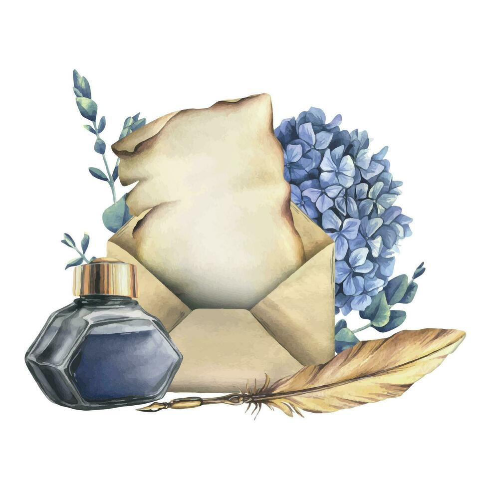 Writing supplies papyrus paper in craft envelope, gold feather, ink in a glass jar, hydrangea and eucalyptus flowers. Hand drawn watercolor illustration. Composition on a white background Vector EPS