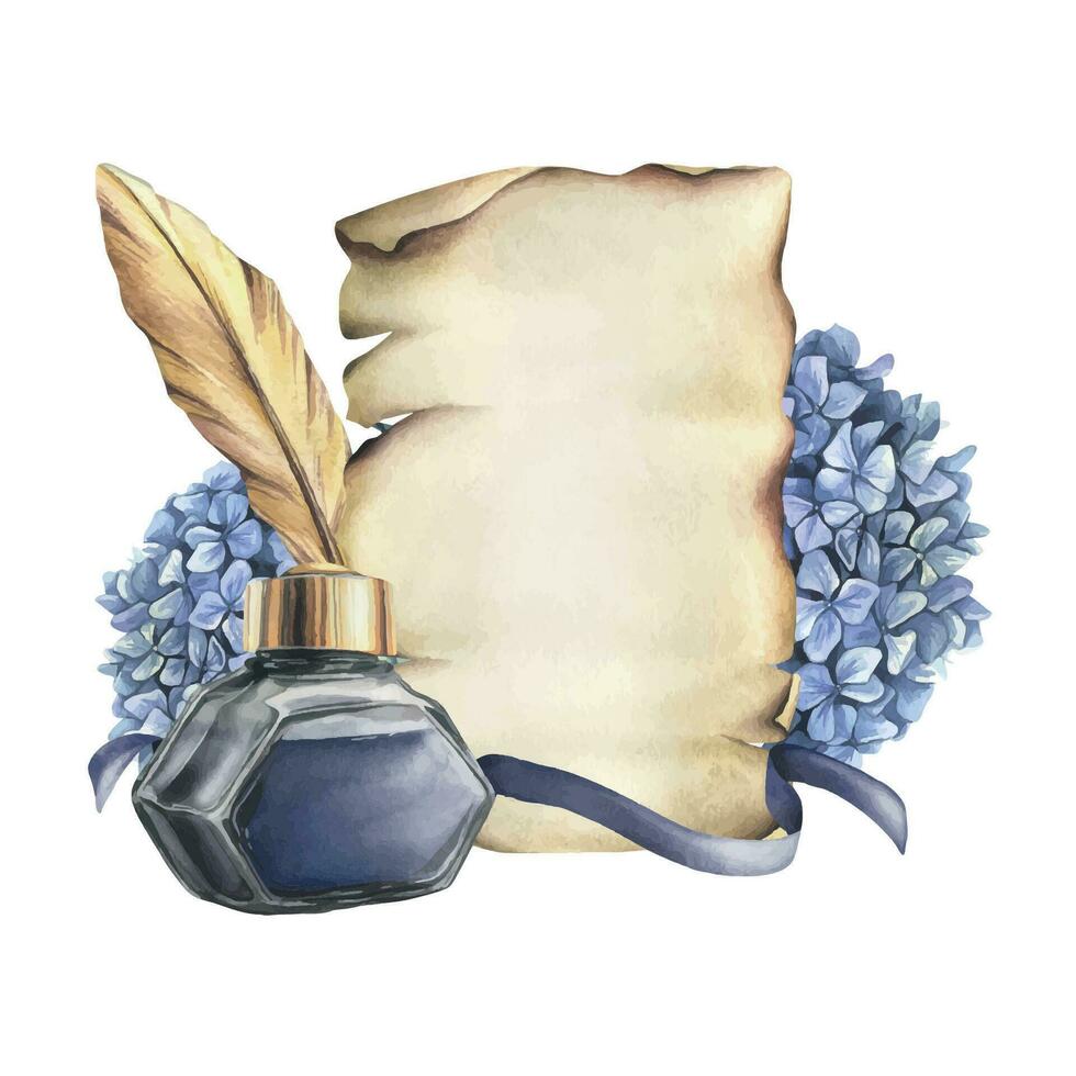 Writing supplies papyrus paper, gold feather, ink in a glass jar, hydrangea and ribbon. Hand drawn watercolor illustration. Composition on a white background Vector EPS