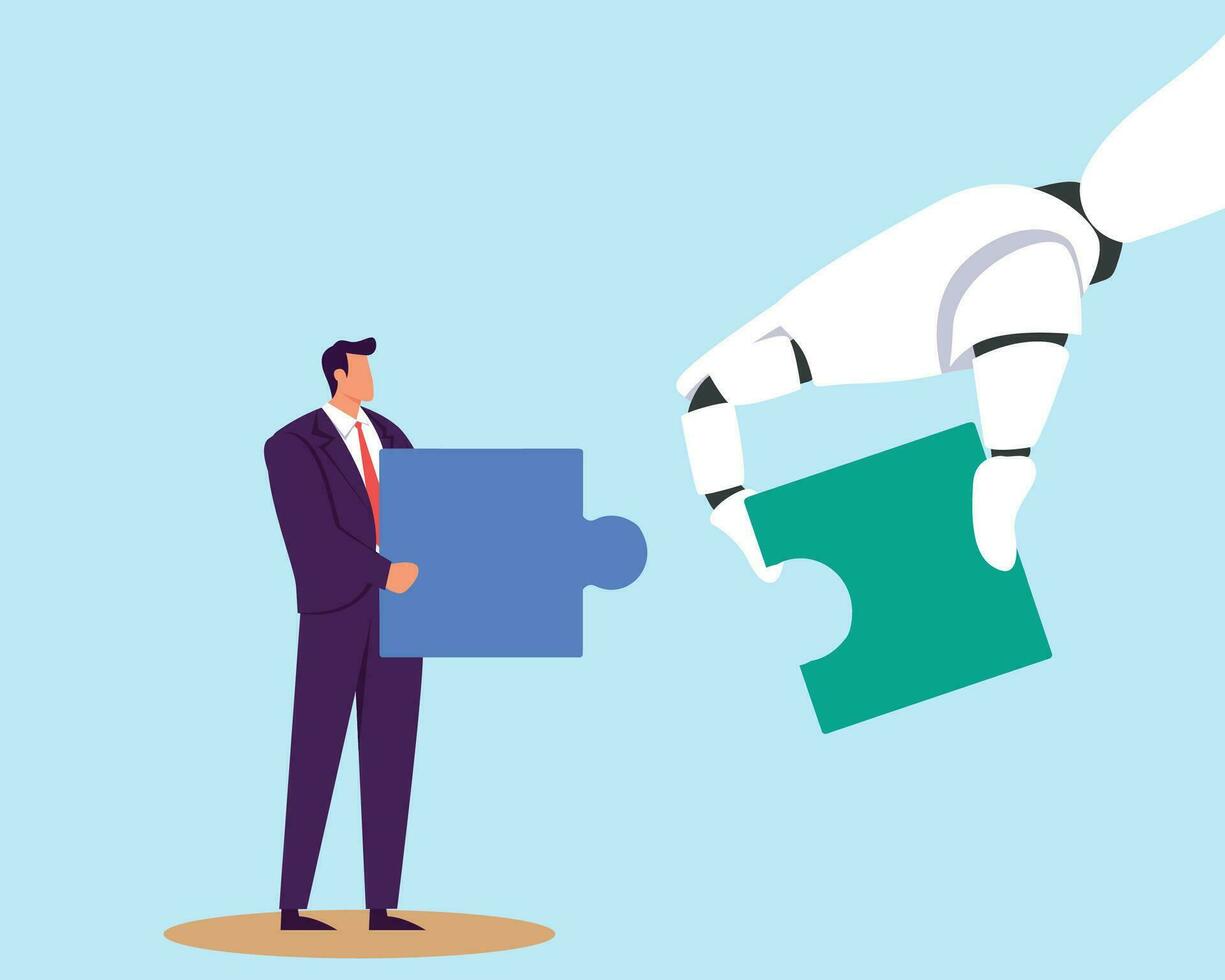 Human and AI Artificial Intelligence working together, machine or automation to help or support work, solution or connect idea concept vector