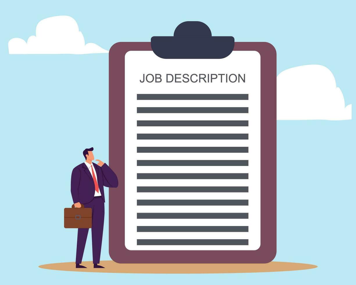 Job description, qualification and requirement for job position, working scope document, duty and responsibility for employment concept vector