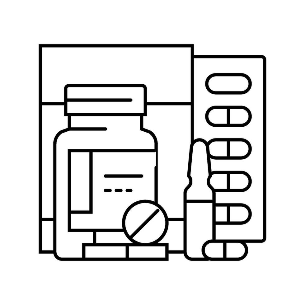 medicación embalaje farmacéutico línea icono vector ilustración