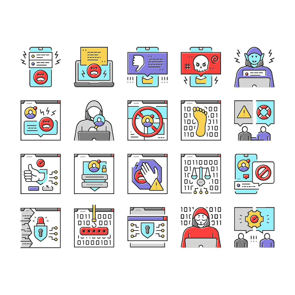 cyberbullying cyber online icons set vector
