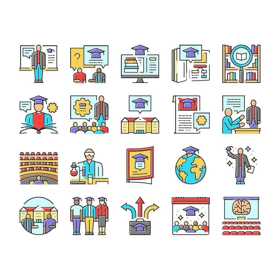 college teacher student class icons set vector