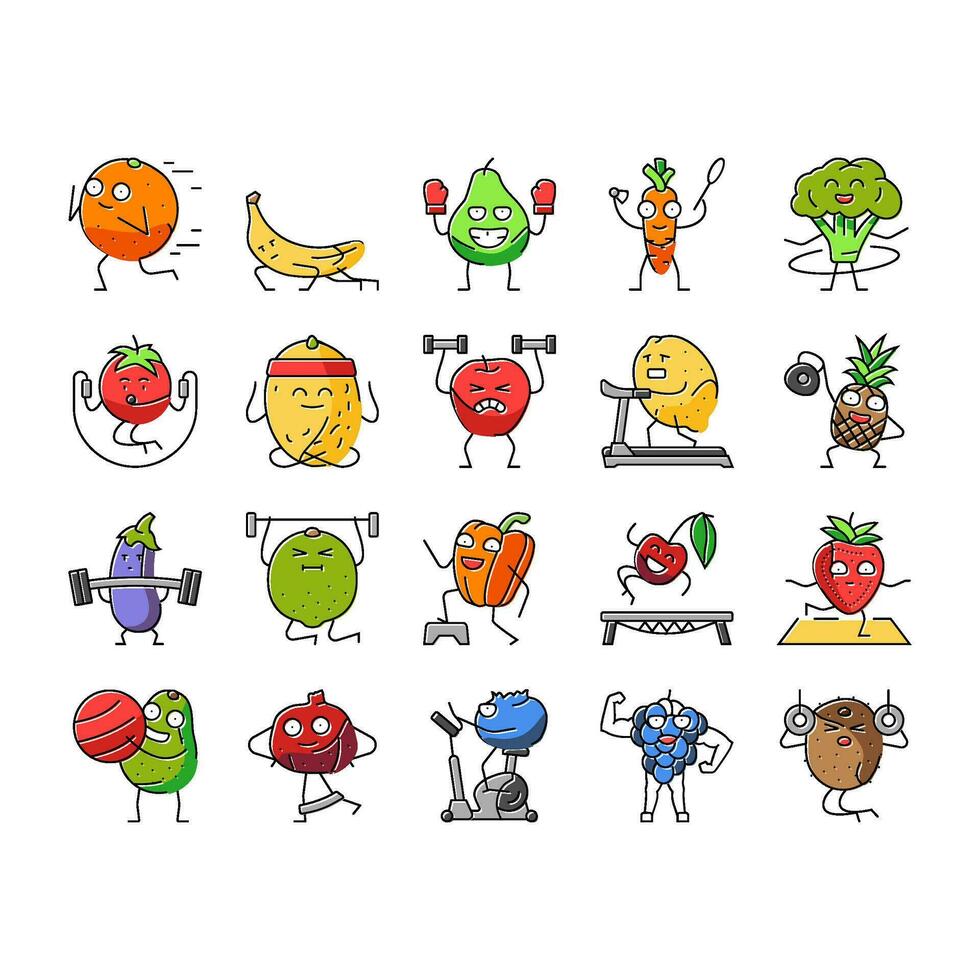 fitness character sport workout icons set vector