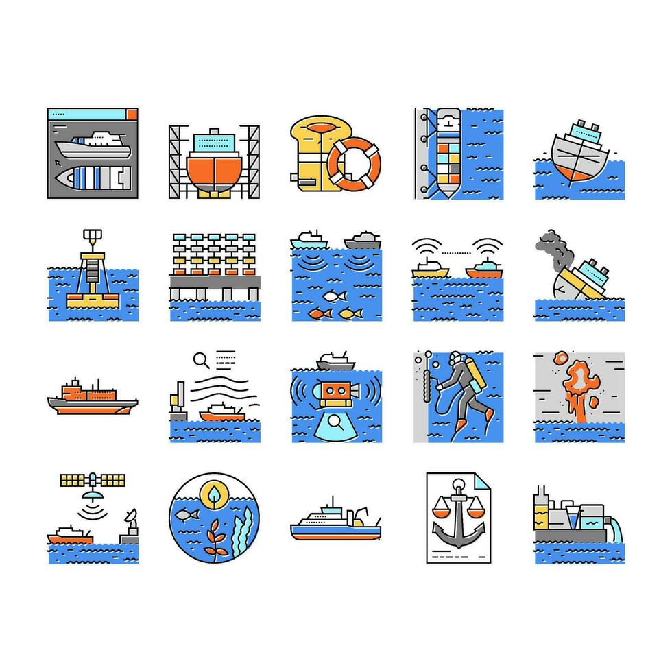 marina ingeniero barco mecánico íconos conjunto vector