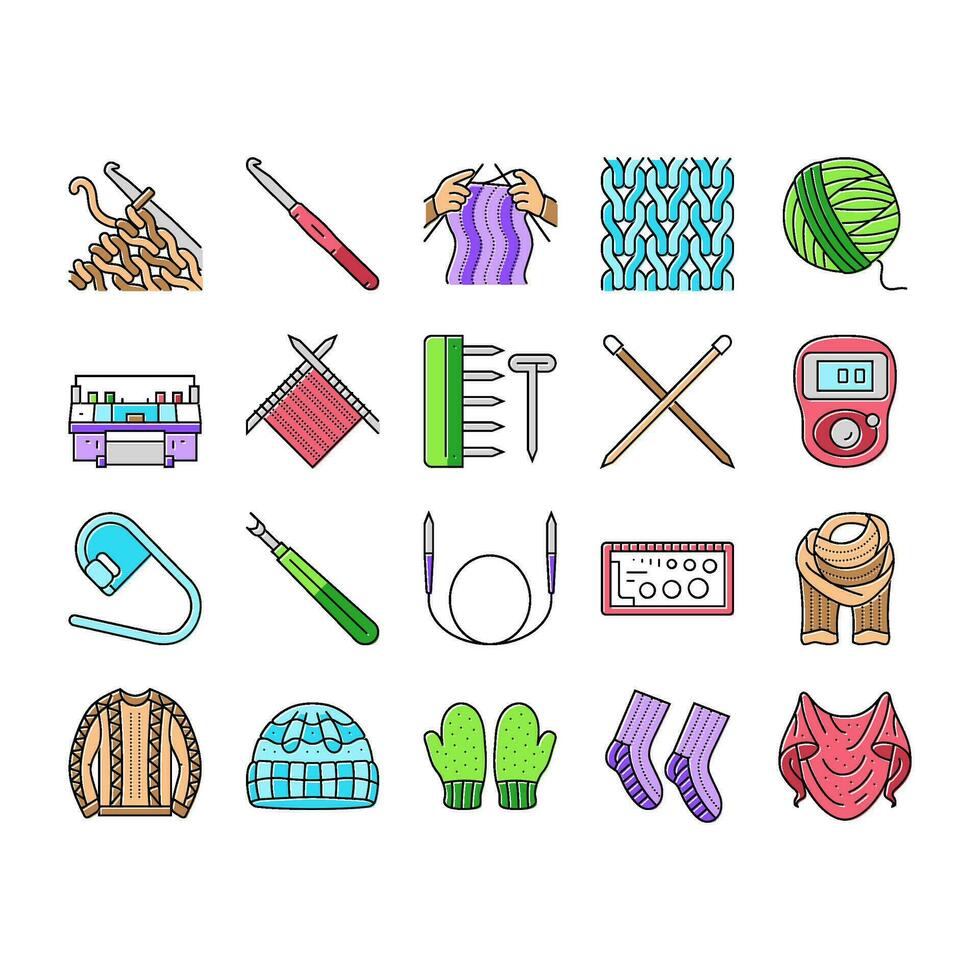 knitting wool thread knit craft icons set vector