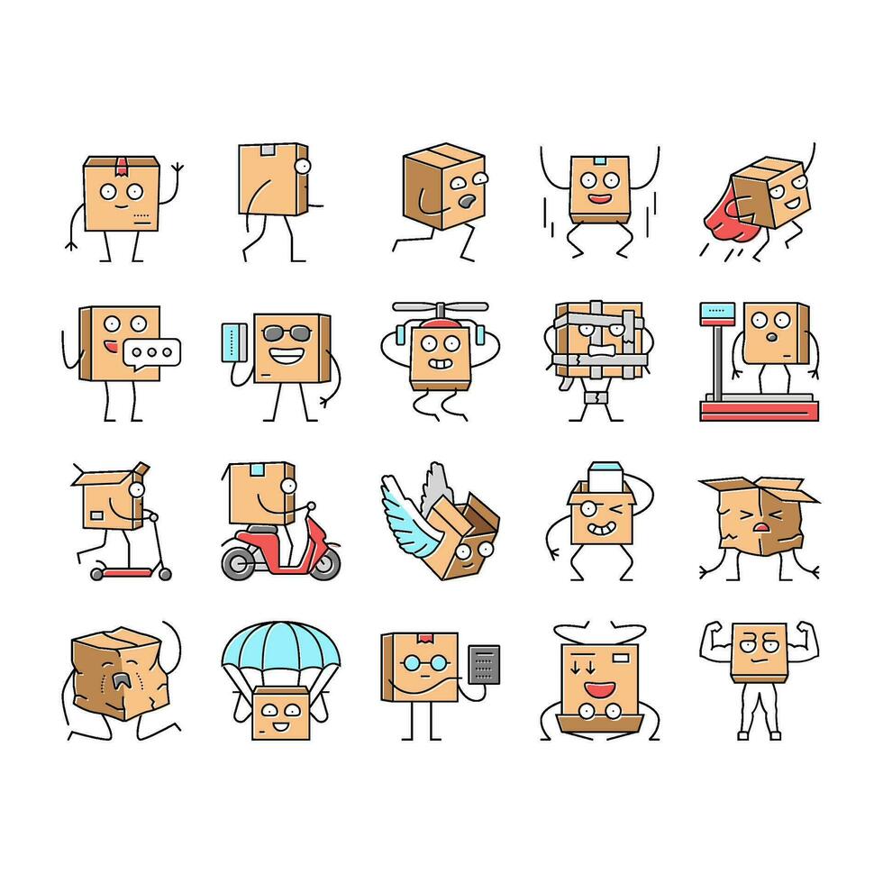 cardboard character box package icons set vector