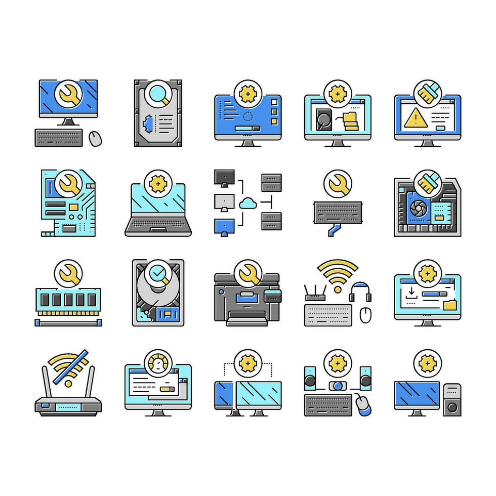 repair computer pc service icons set vector