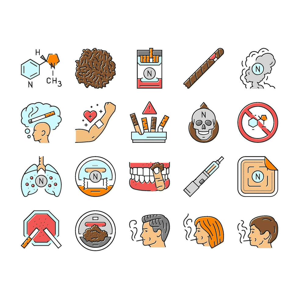 nicotine cigarette tobacco smoke icons set vector