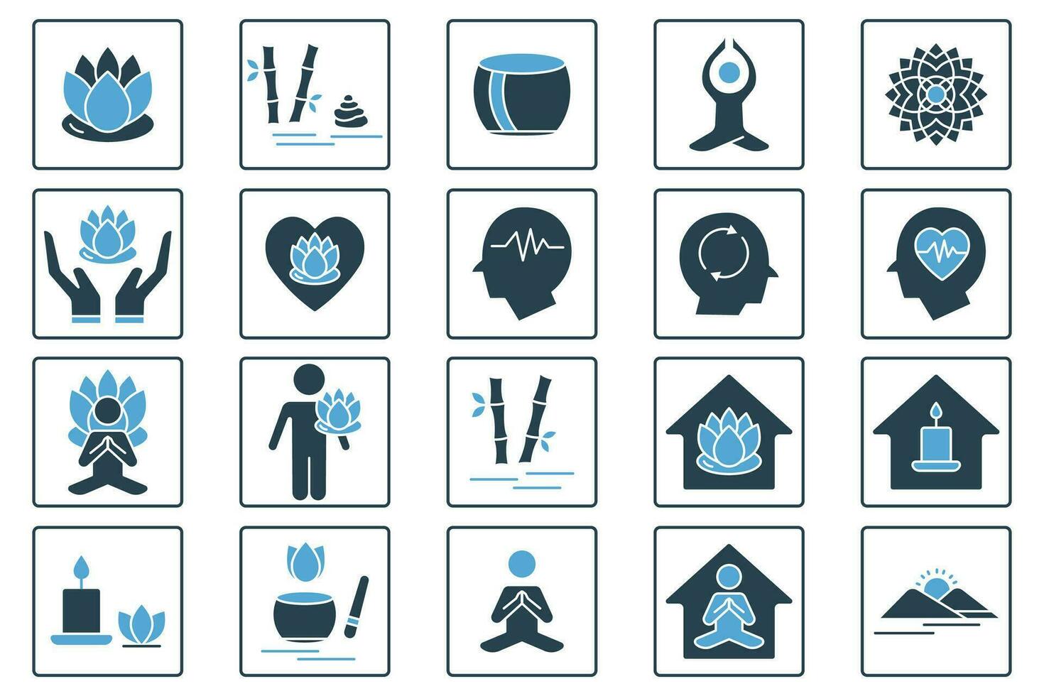 meditation icon set. lotus flower, yoga, meditation, mandala, zen garden, mental, etc. solid icon style design. simple vector design editable