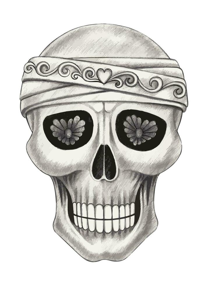 Skull head tattoo design by hand drawing on paper. vector