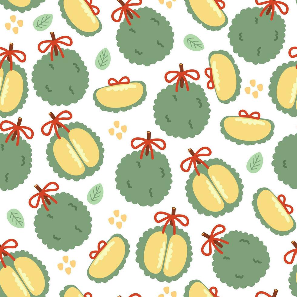 Seamless pattern of cute durian with bow on white background.Summer fruit hand drawn.Leaf.Nature.Print sreen.Kawaii.Vector.Illustration. vector