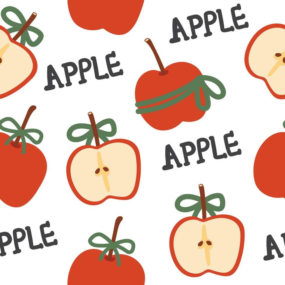 Seamless pattern of cute apple with bow cartoon on white background.Fruit hand drawn.Farm.Nature.Screen printing.Kawaii.Vector.Illustration.Illustrator. vector