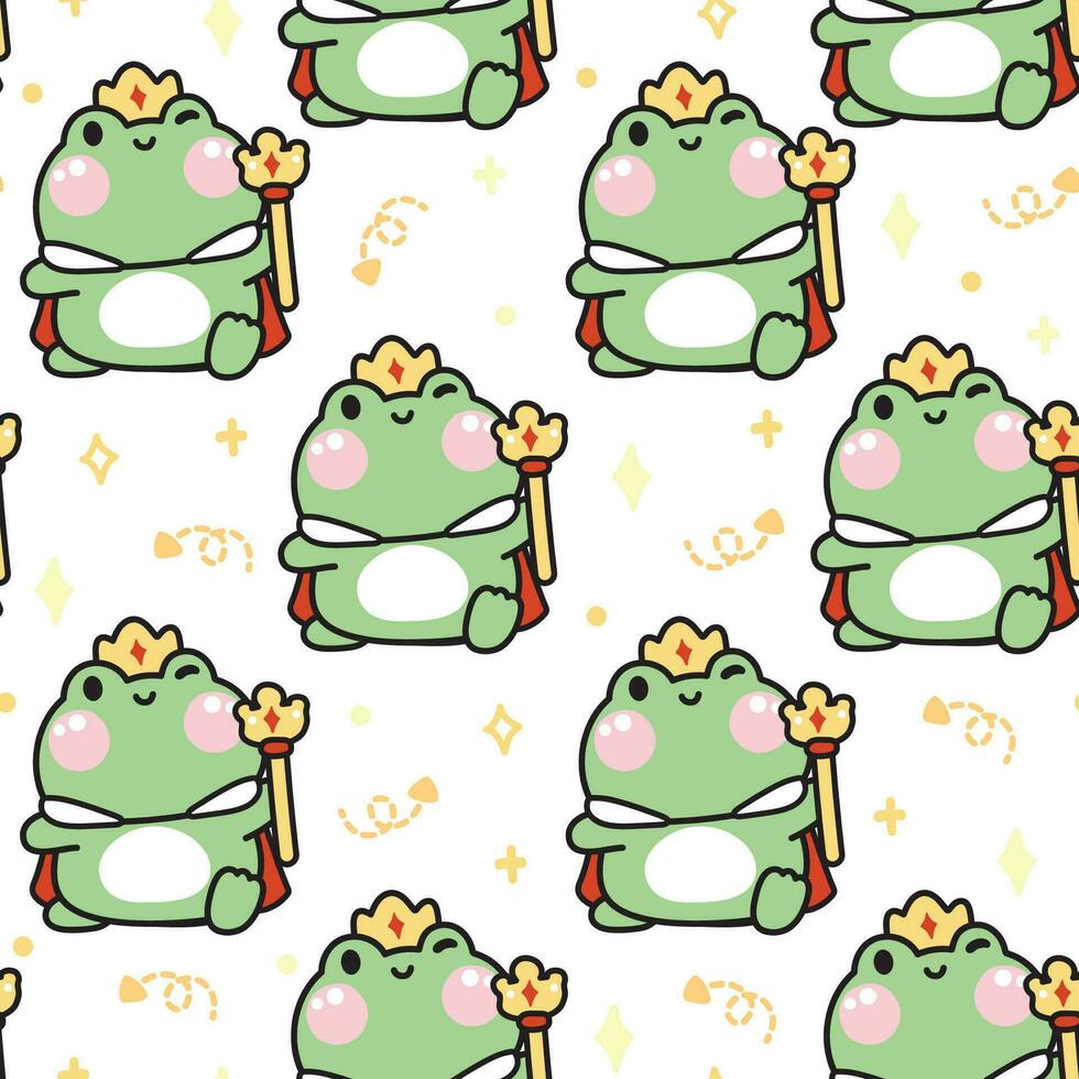 Seamless pattern of cute king frog wear crown on white background.Reptile animal character cartoon design.Smile face.Image for card,poster,baby clothing.Kawaii.Vector.Illustration. vector