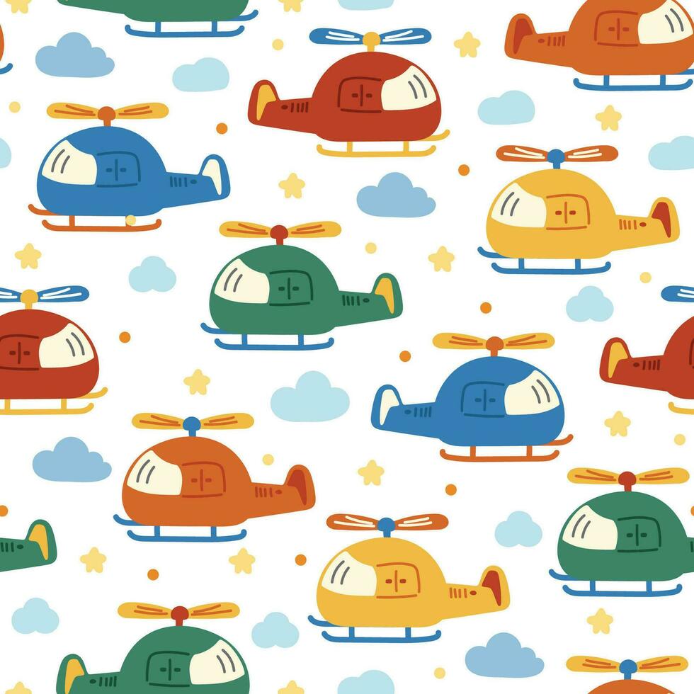 Seamless patern of cute helicopter cartoon on white background.Transportation.Sky,star,cloud hand drawn.Boy clothing print screen.Baby product.Kawaii.Vector.Illustration.Illustrator. vector