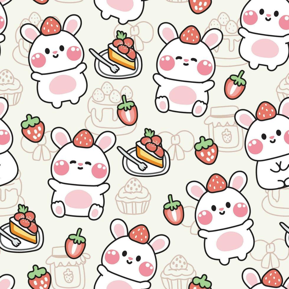 Seamless pattern of cute rabbit with strawberry cake background.Rodent animal character cartoon design.Bunny.Sweet,dessert,bakery.Kawaii.Vector.Illustration.Illustrator. vector
