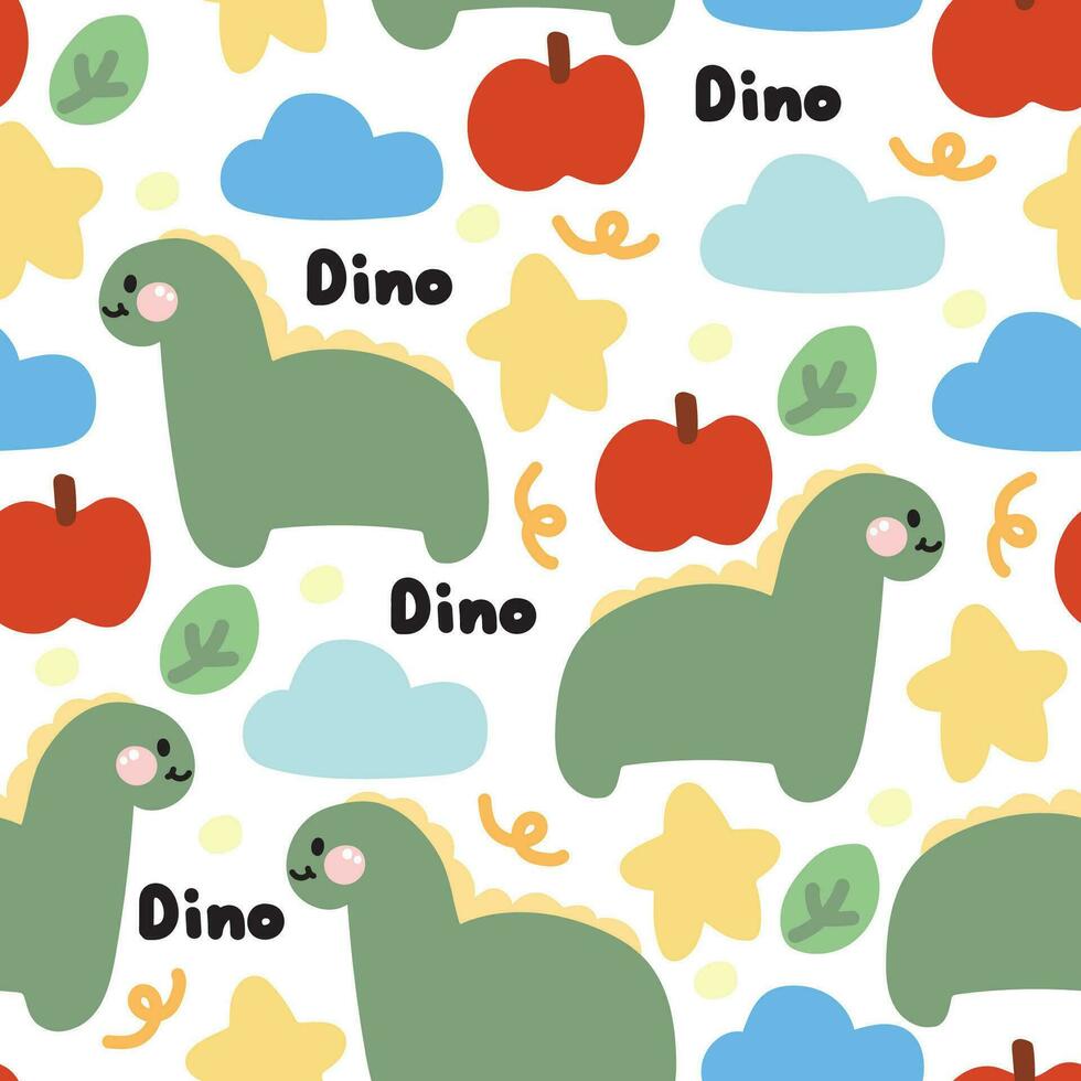 Seamless pattern of cute dinosaur with icon on white background.Wild animal character cartoon.Baby clothing.Print screen.Star,apple,cloud,leaf hand drawn.Kawaii.Vector.illustration.Illustrator. vector