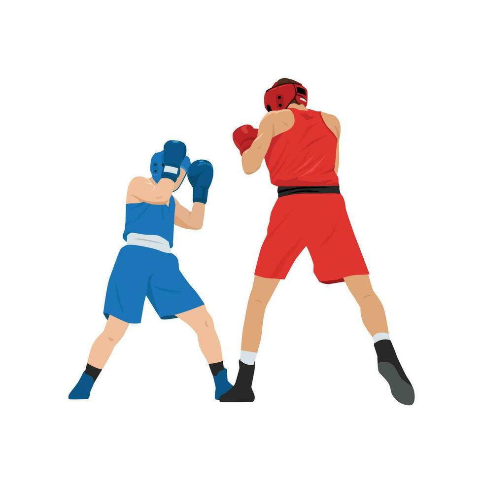 Two boxers fighting. Battle spectacle event with knockdown between professional sportsmen in sportswear. vector