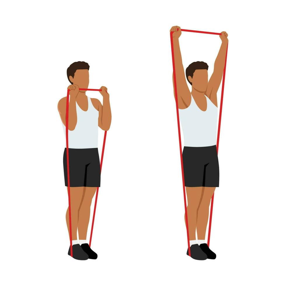 Man doing Resistance band standing shoulder press. overhead press exercise. Flat vector illustration isolated on white background