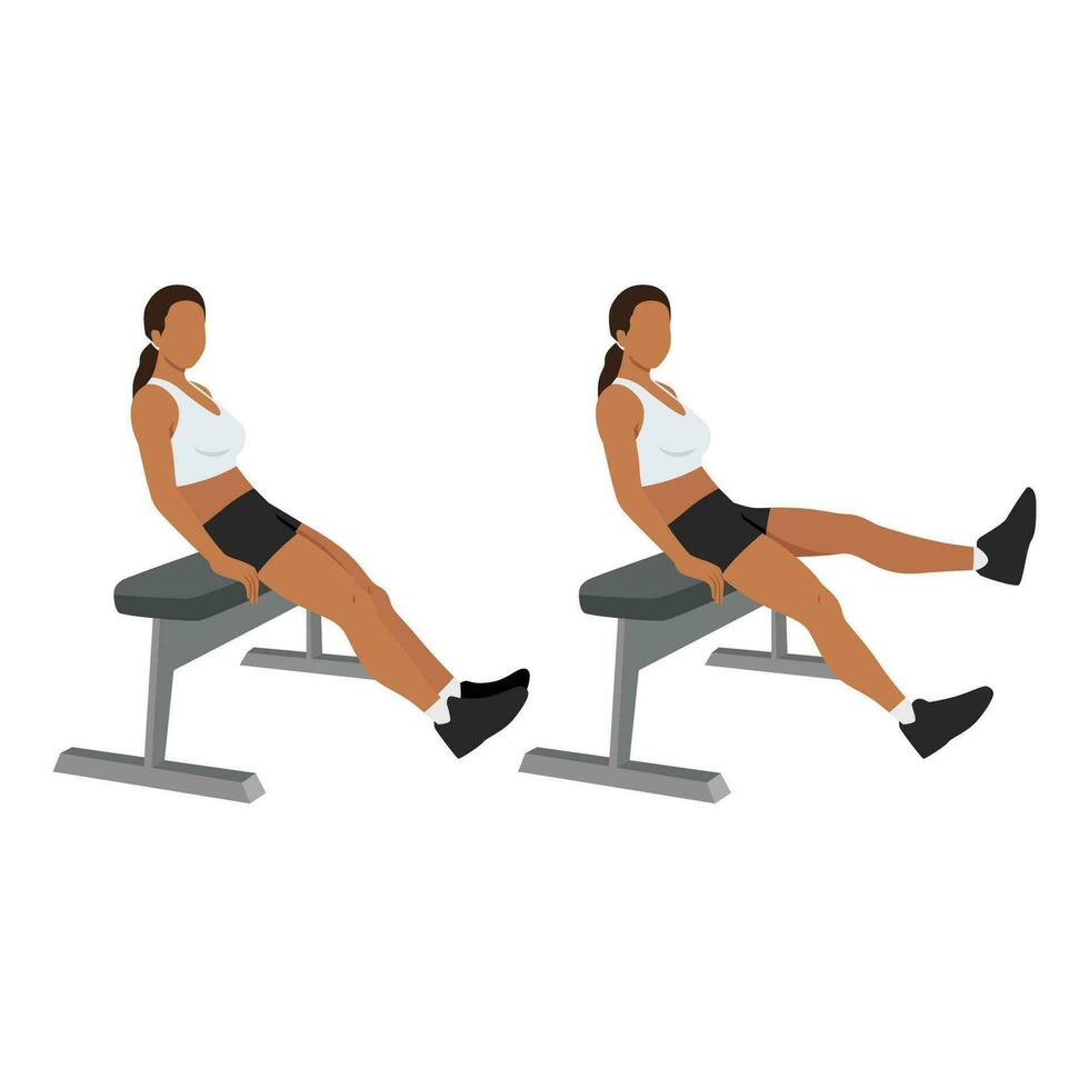 Woman doing seated bench extended flutter kicks exercise. vector