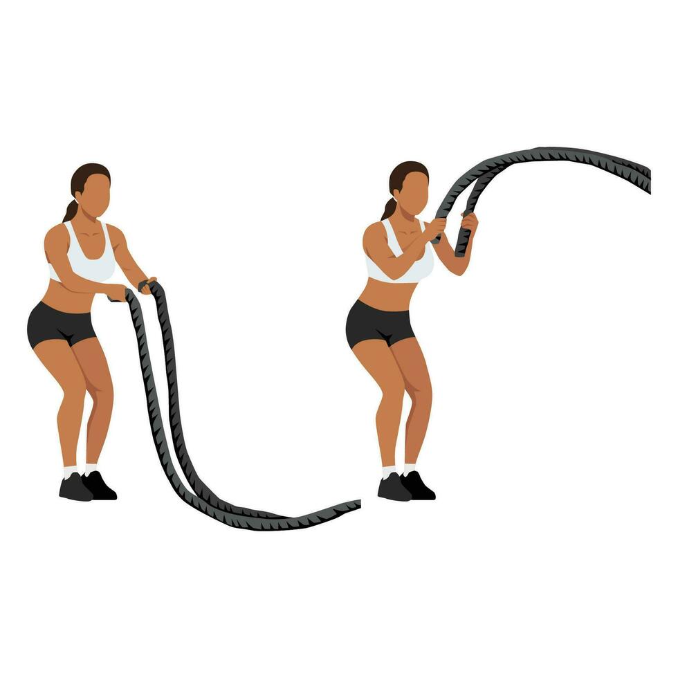 Woman doing battle rope double waves exercise. vector