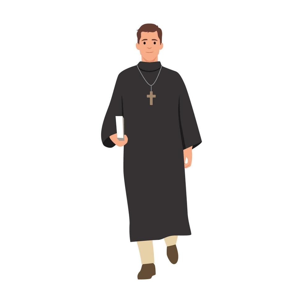 Catholic priest. Pastor reads prayer, holds cross, bible and gospel, bless parishioners. vector