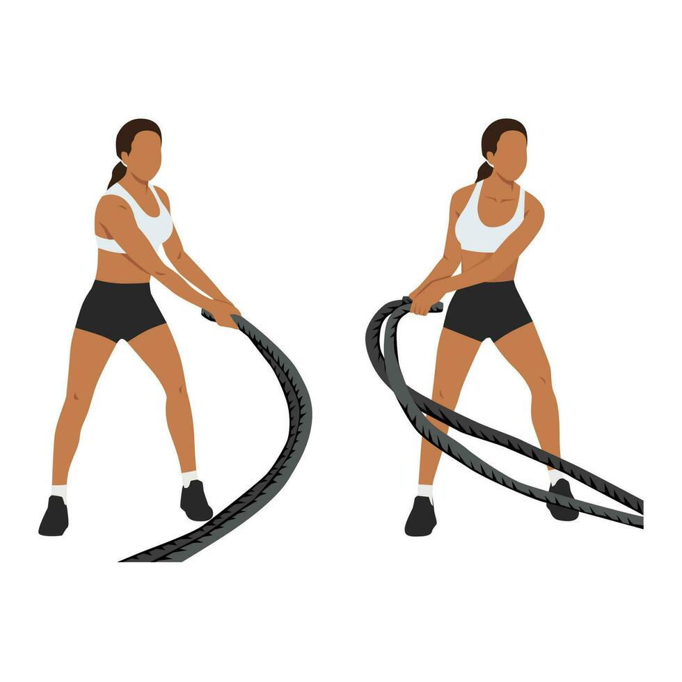 mujer haciendo batalla cuerda serpientes ejercicio. plano vector ilustración aislado en blanco fondo