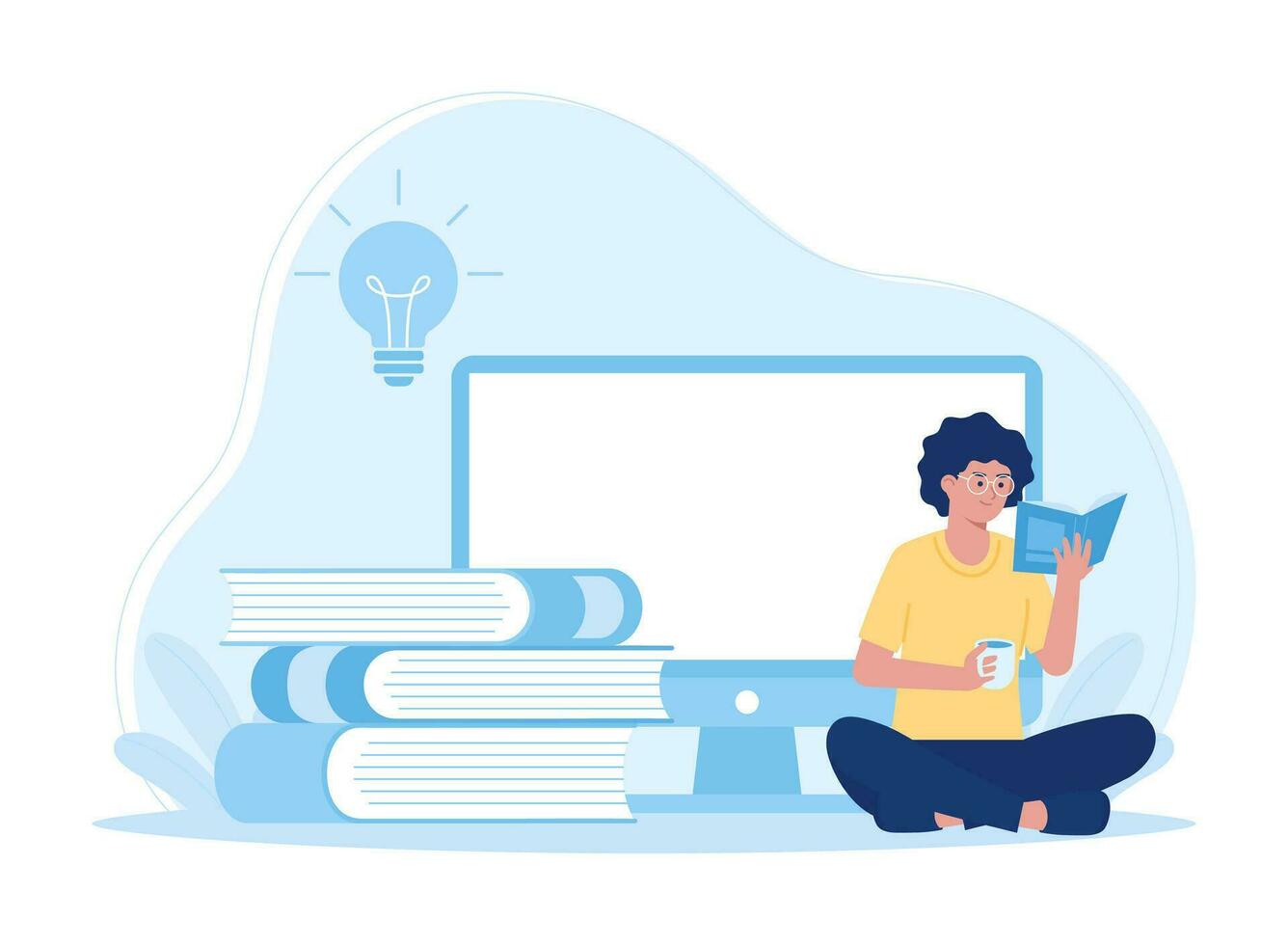 mujer leyendo un libro con un computadora en el antecedentes concepto plano ilustración vector