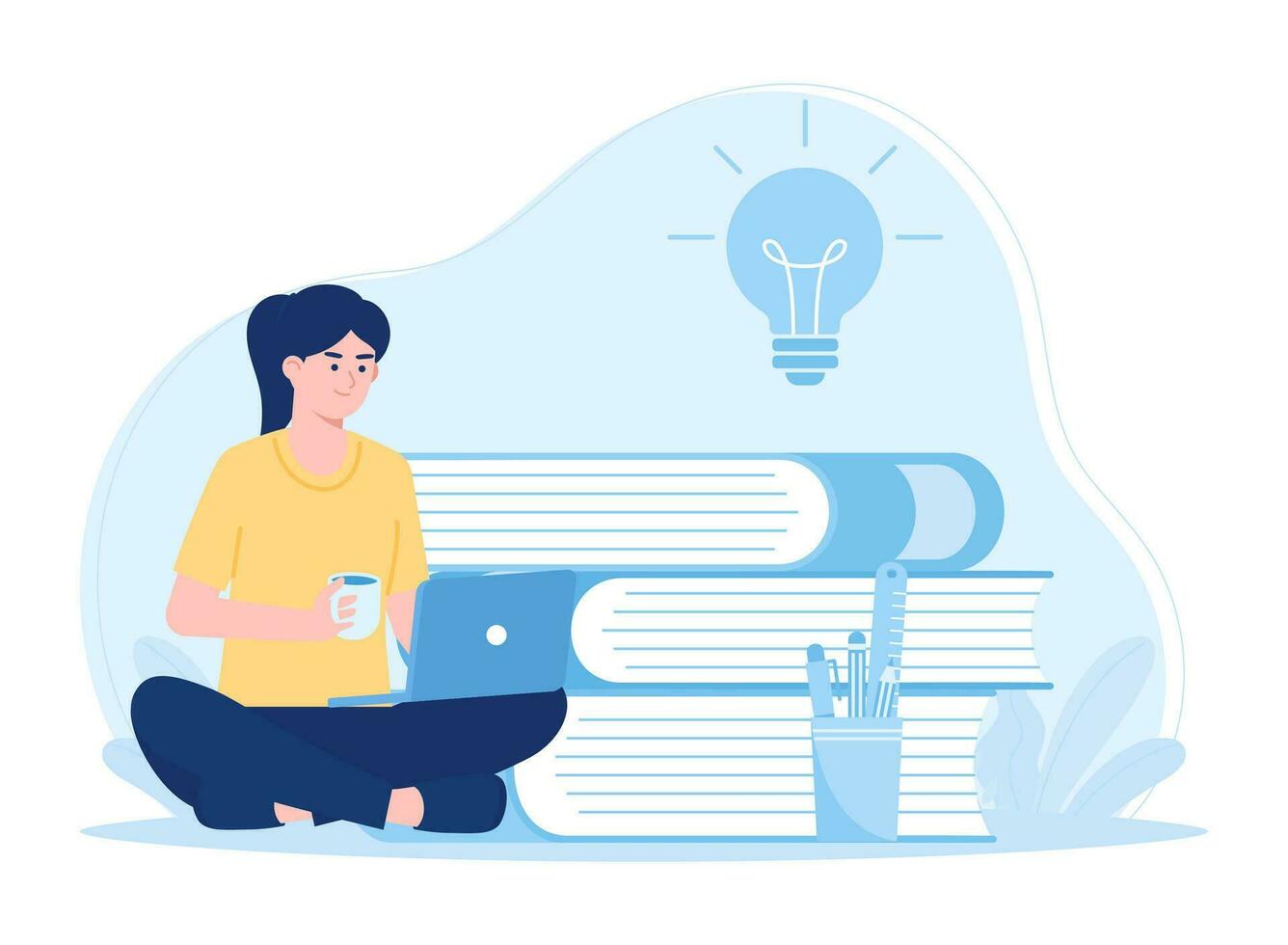 mujer sentado con ordenador portátil mientras Bebiendo .en línea educación concepto distancia aprendizaje concepto plano ilustración vector
