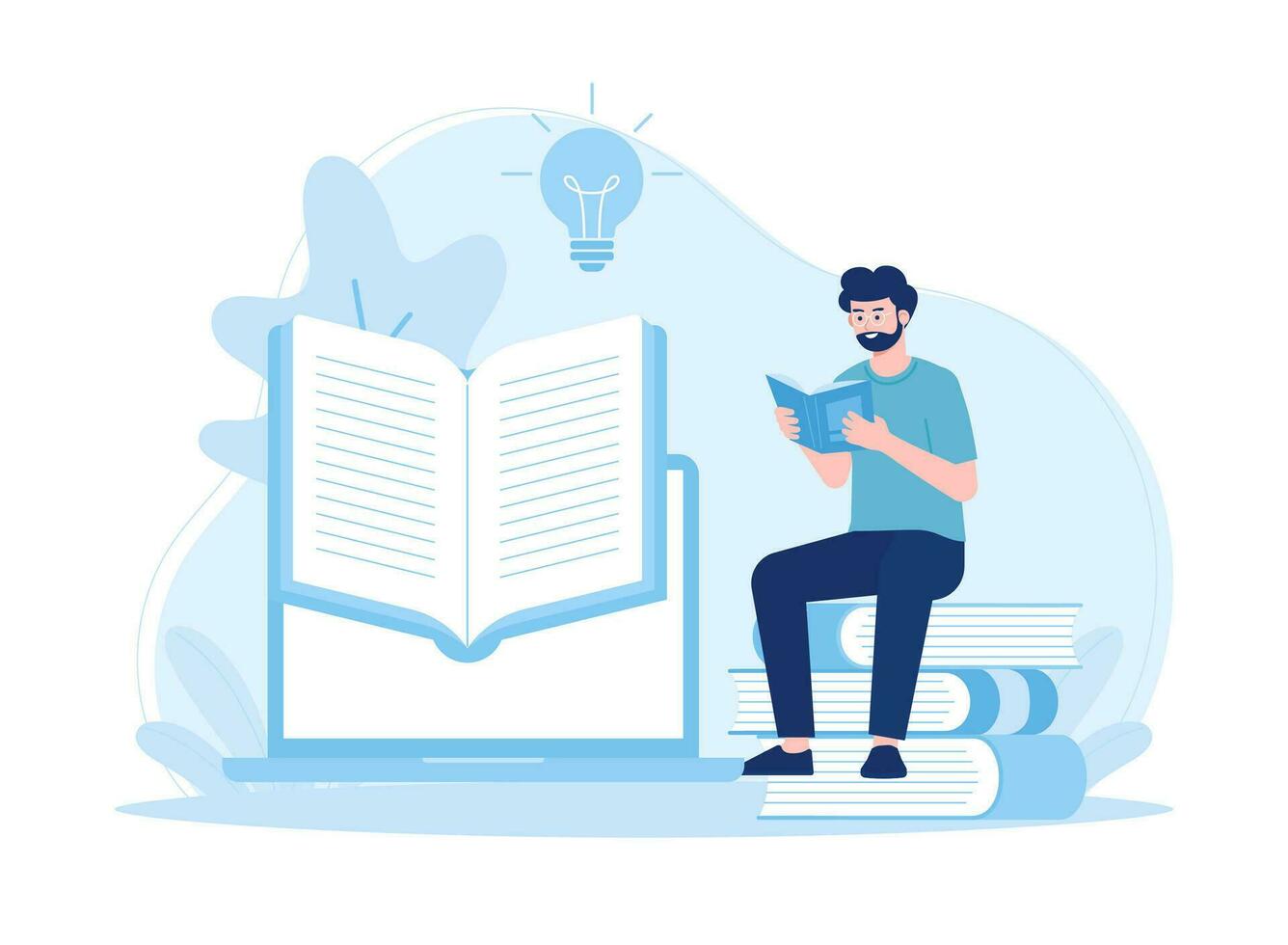 hombre es leyendo mientras sentado en un libro con conocimiento aprendizaje concepto plano ilustración vector