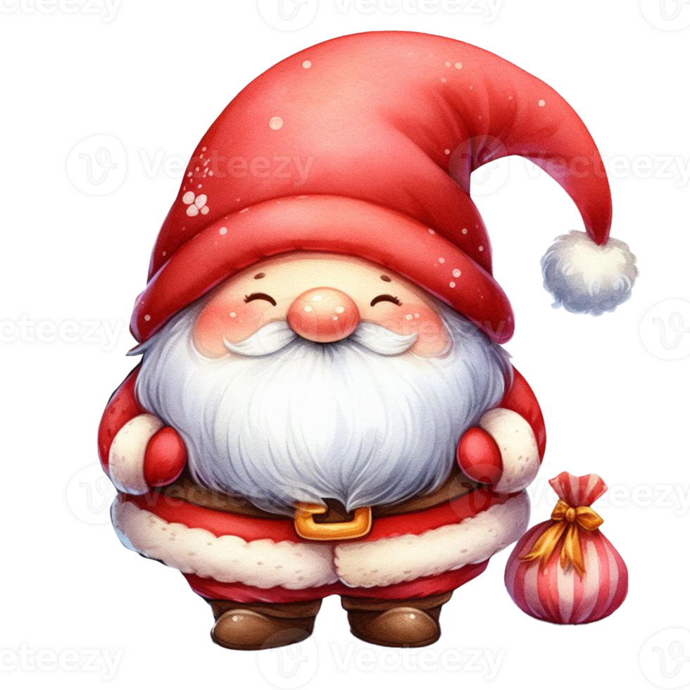 carino gnomo Santa Claus cartone animato mano disegnare cartone animato stile e Natale albero su bianca sfondo, acquerello clipart su png trasparenza