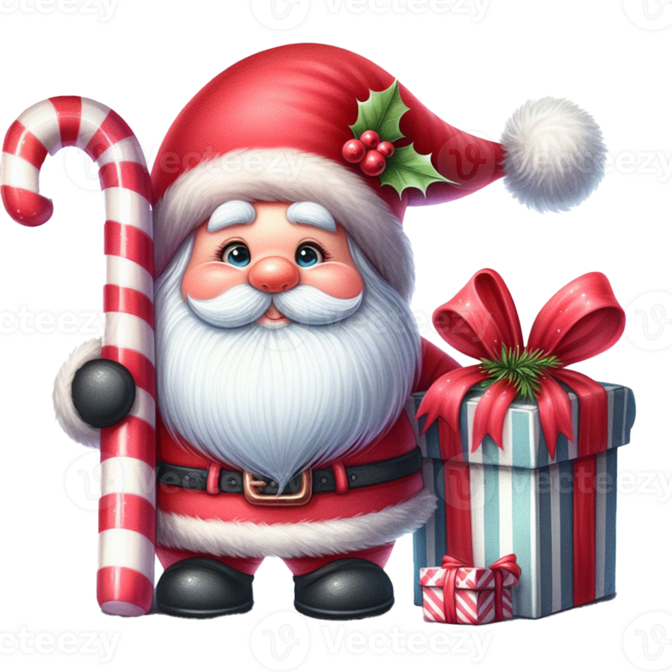 cute gnome santa claus cartoon hand draw cartoon style and christmas tree on white background, watercolor clipart on png transparency