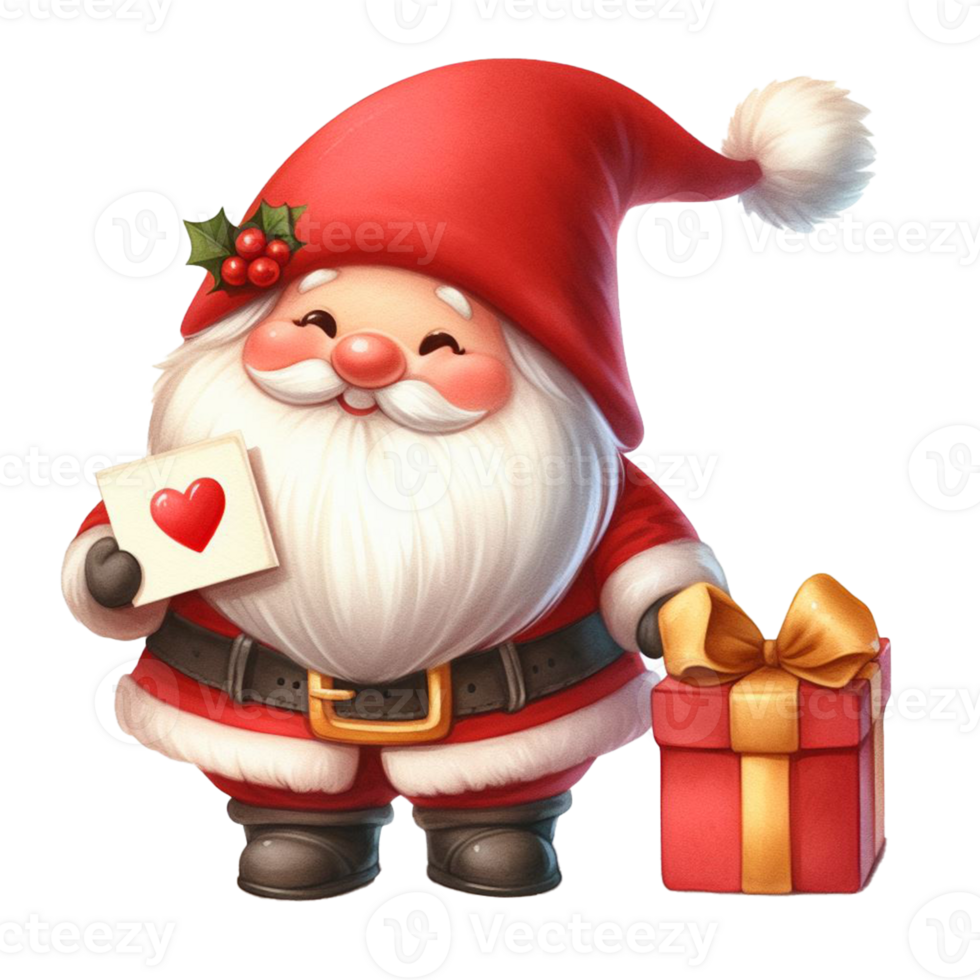 cute gnome santa claus cartoon hand draw cartoon style and christmas tree on white background, watercolor clipart on png transparency