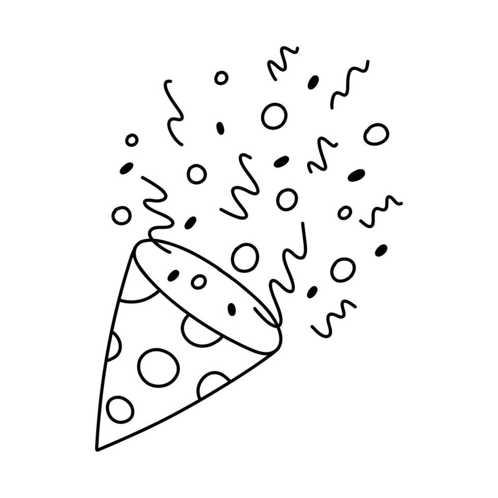 Party confetti popper. Isolated confetti, explosion, firecracker, celebration in doodle style. Vector illustration.