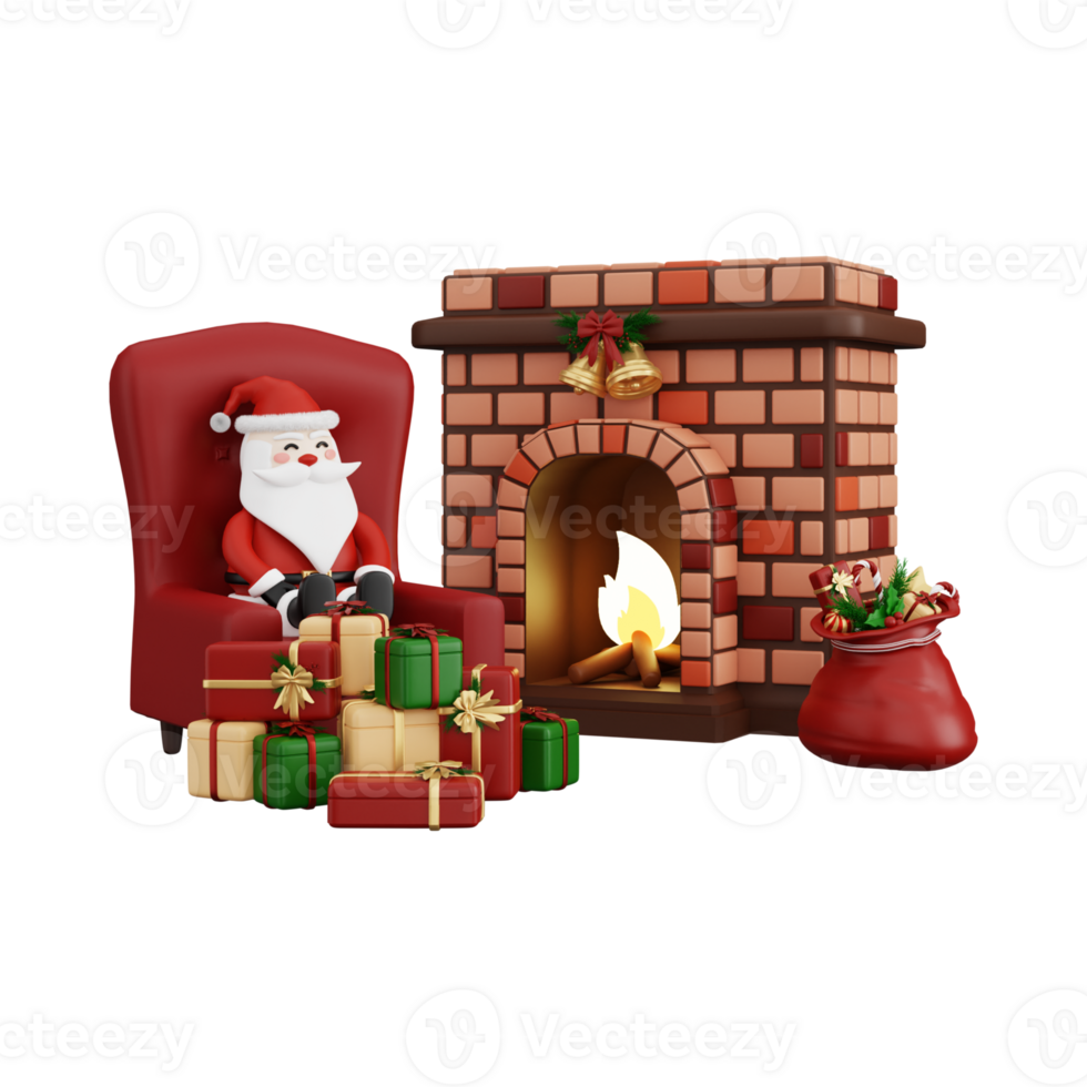 Traditional Santa, Tree, gift box, Christmas Home Symbol, Merry Christmas 3D Illustration png