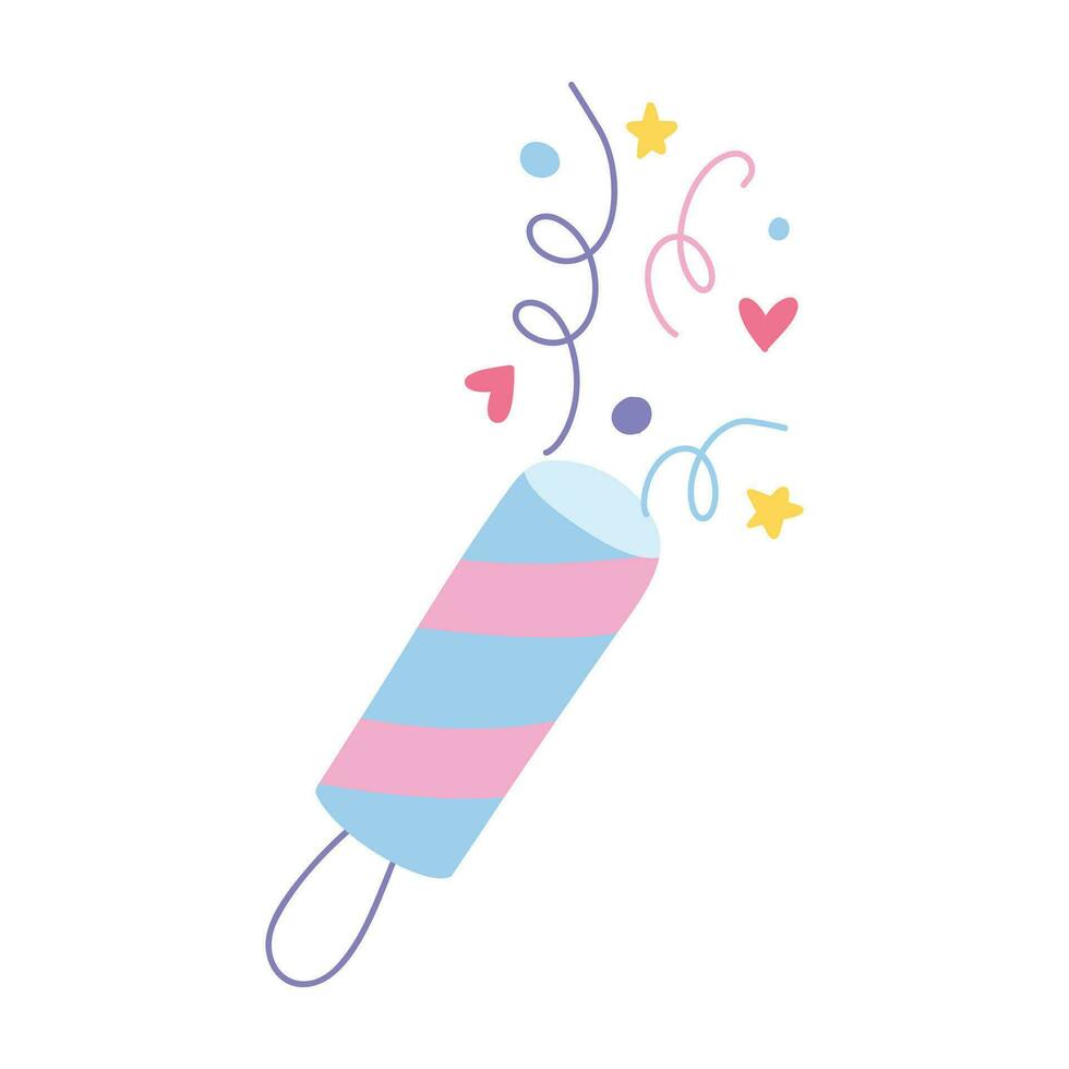 Confetti popper for party. Isolated confetti, explosion, firecracker, celebration in hand drawn style. Vector illustration.