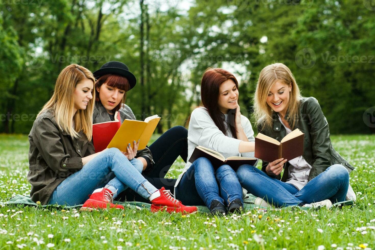 Young female students learning in the park photo
