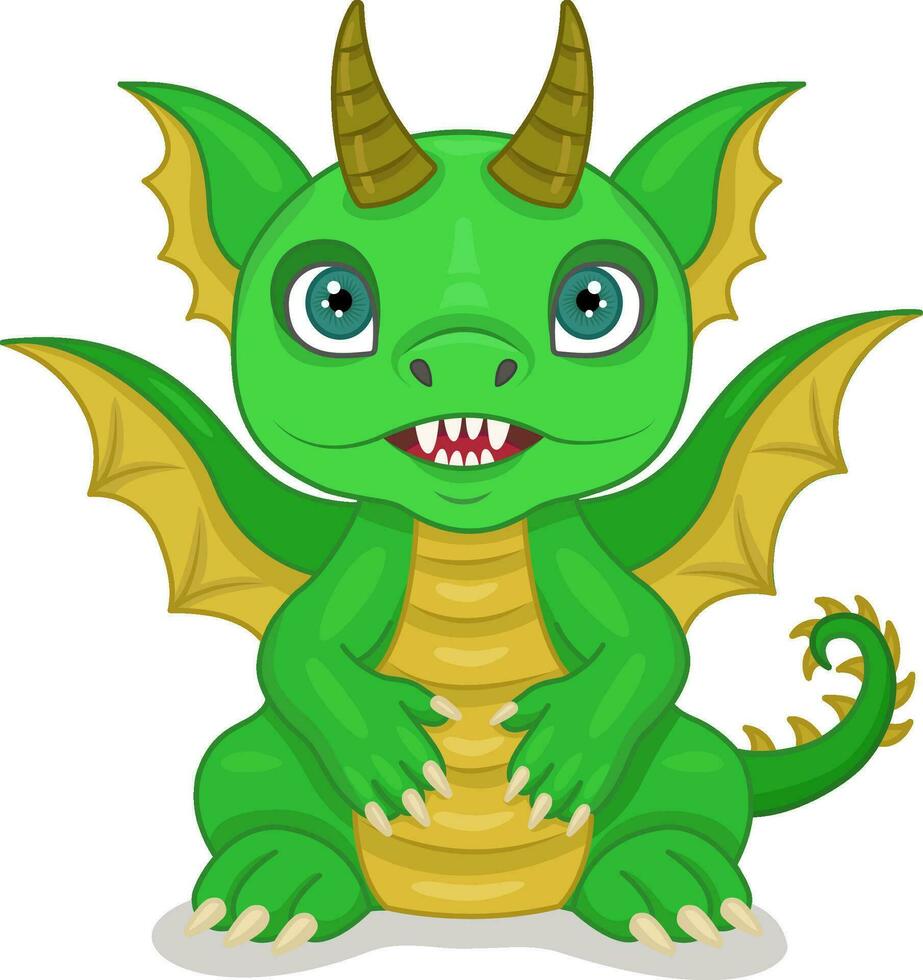 Vector illustration of a dragon.Cute fairy-tale dragon. A small green dragon or dinosaur, a cute character on a starry background. A fabulous monster. The symbol of 2024.