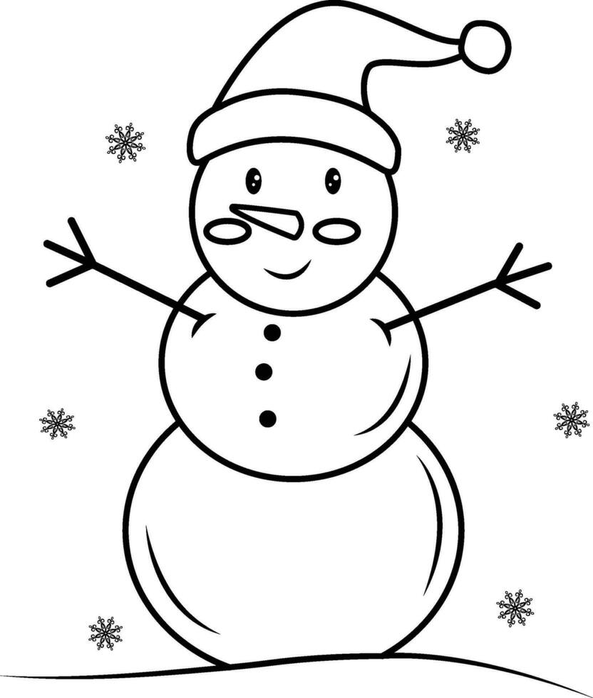 Cute smiling snowman in a hat on his head and a scarf, highlighted on a white background.Vector black and white illustration.  Perfect for holiday and Christmas designs. Coloring of a cute cartoon sno vector