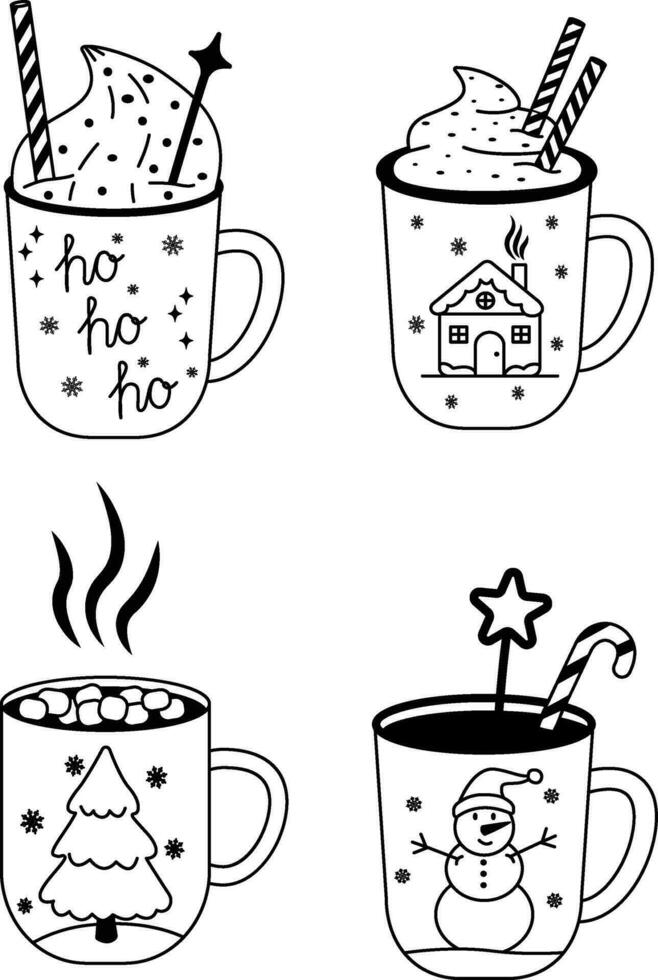 Navidad conjunto de caliente bebidas en hermosa tazas un dibujado a mano Navidad bosquejo. festivo cacao con Malvaviscos, un taza de caliente chocolate o invierno café. vector ilustración.