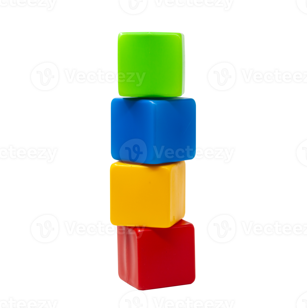 Multicolored plastic cubes for children's games. Yellow and blue with green cubes stands on top of red. The cubes are turreted. One on one. High quality photo. png