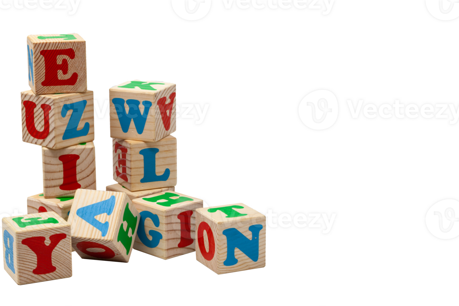 Wooden children's play cubes with blue, red and green letters in the shape of towers stand one on top of the other and lay side by side. Isolate. png