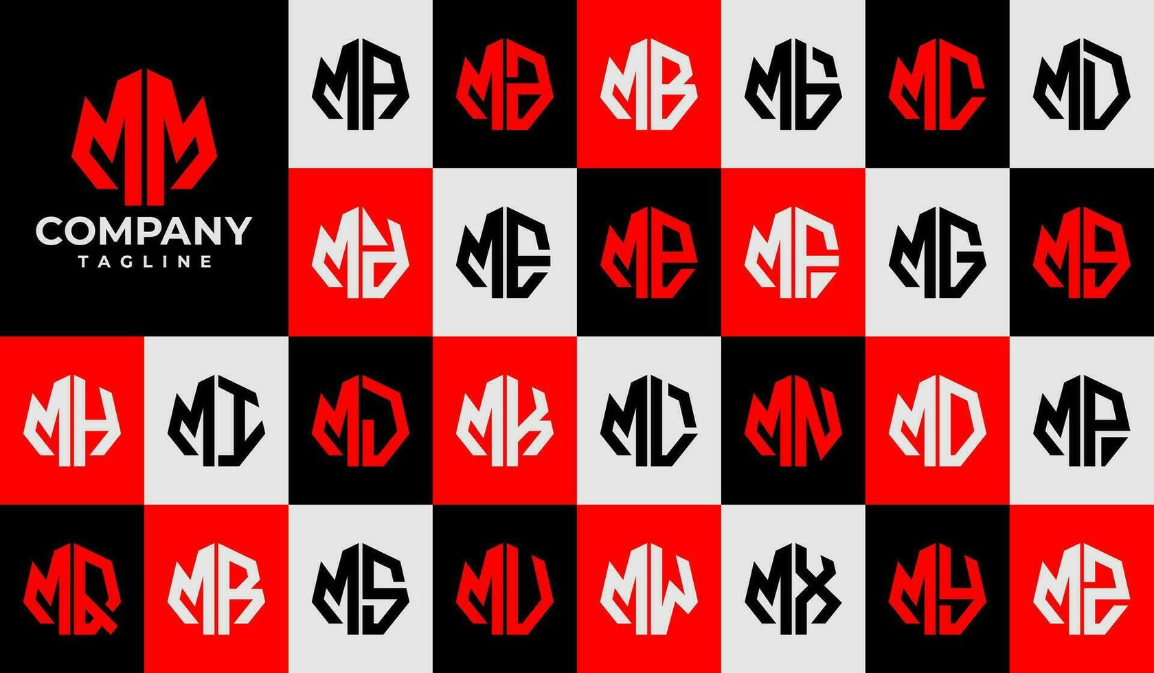 Set of line heptagon abstract letter M MM logo design vector