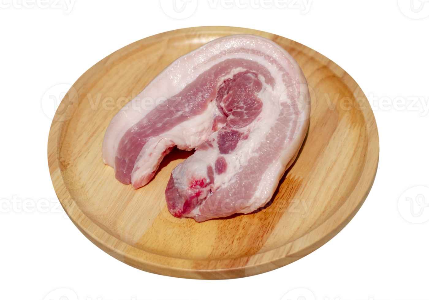 Raw fresh Streaky pork on a wooden plate, Slide pork belly. on