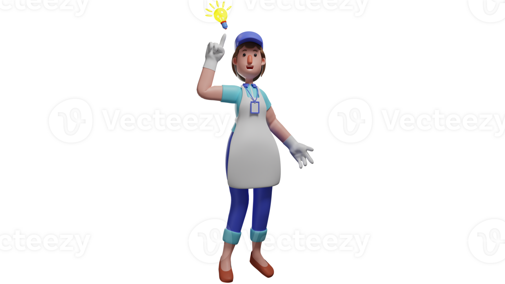 3D illustration. Smart Nutritionist 3D cartoon character. The nutritionist had a brilliant idea that he was going to use. Beautiful nutritionist with a light bulb on top. 3D cartoon character png